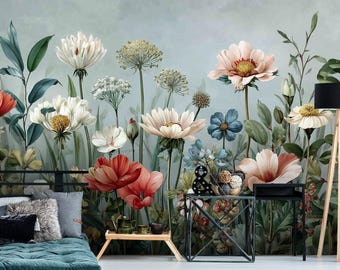May include: A floral wallpaper mural featuring large, colorful flowers in shades of red, white, pink, and blue against a muted green background. The design includes various types of flowers and foliage, creating a botanical theme.