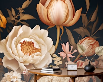 Floral Wallpaper Peel and Stick | Dark Peony Blossom Removable Mural