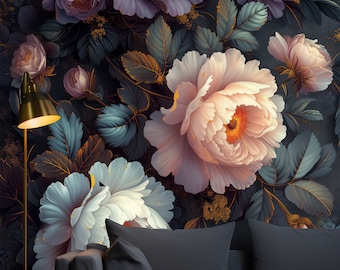 Decoración de la pared de la habitación con papel pintado grande floral de peonía, flores moradas pelar y pegar