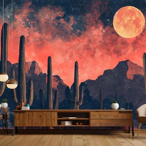 Carta da parati Moonlit Cactus Desert – Carta da parati murale rimovibile con cactus saguaro e cielo stellato – Carta da parati in tessuto non tessuto