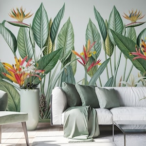 Tropical Floral Wallpaper | Exotic Bird of Paradise Mural | Peel and Stick Wall Covering | Renter Friendly