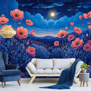Carta da parati staccabile e adesiva Moonlit Desert Flowers – Carta da parati murale non tessuta con cactus e fiori – Perfetta per la camera da letto o per l'arredamento boho