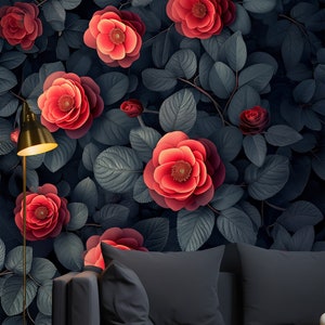 Vintage Wallpaper with Dark Floral Peel and Stick Design, Red Garden Wall Mural