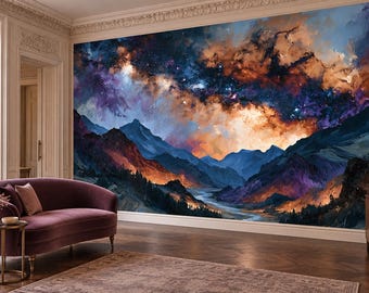 Purple Copper Galaxy Mountain Wallpaper Mural | Nebula Night Sky Peel and Stick Wall Mural | Cosmic Landscape Removable Wallpaper