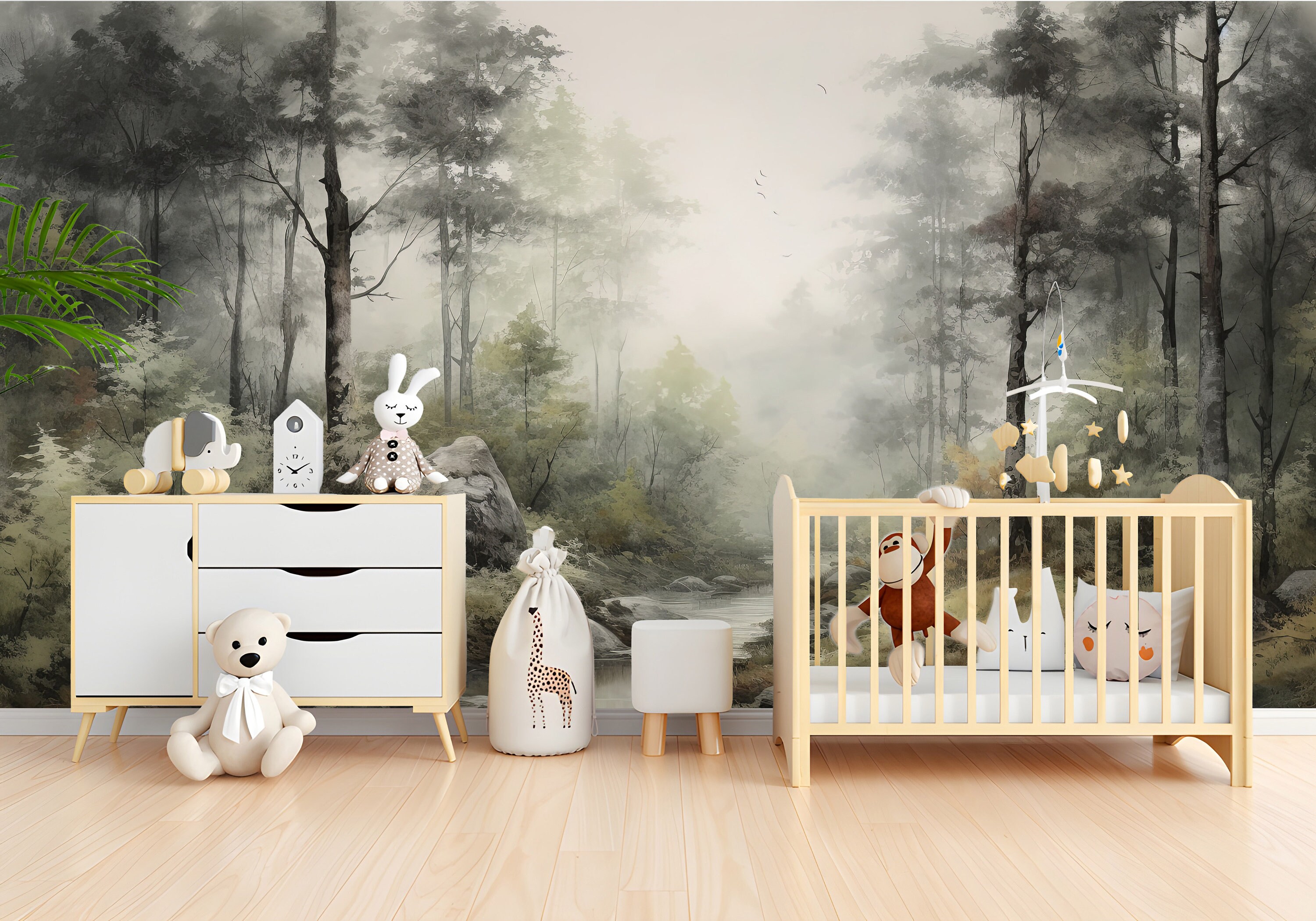 Forest Wallpaper Mural, Foggy Landscape Peel and Stick, Nursery Wall ...