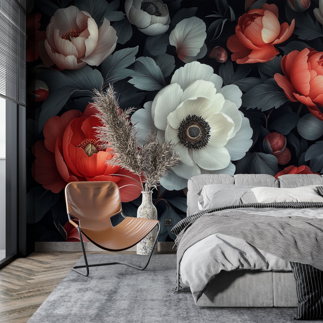 Dark Botanical Removable Wall Mural With Flowers Peel and Stick – Moody ...