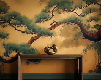 Murale Neo Japandi con pini dorati, carta da parati con suggestivo paesaggio asiatico nebbioso, decorazione murale Wabi Sabi Vintage Chinoiserie