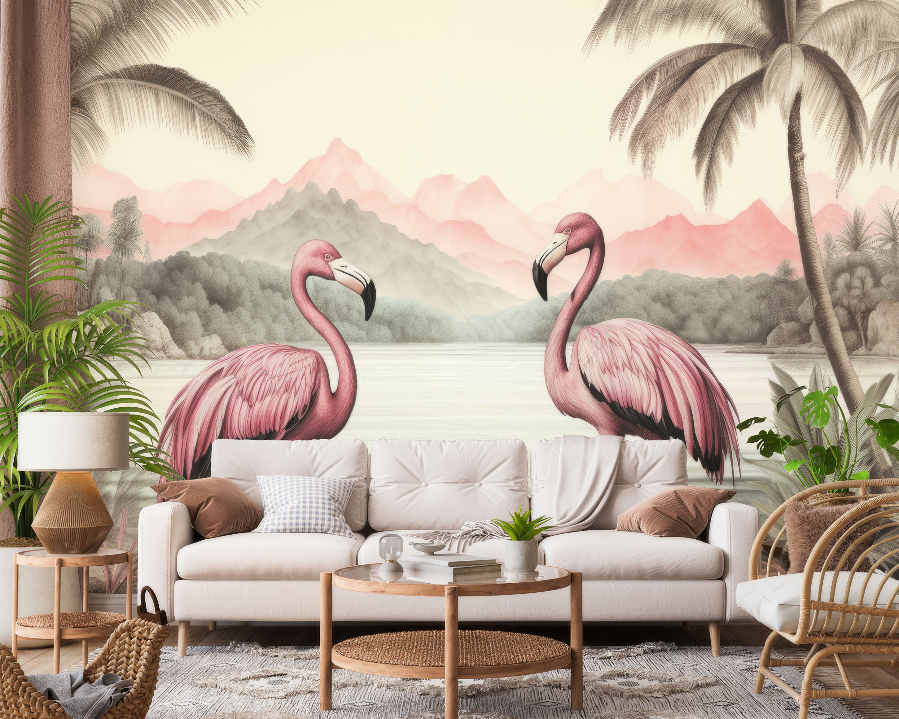 Tropical Forest Wallpaper Flamingos Peel and Stick Jungle Wall Etsy