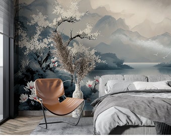 Papel pintado estilo chinoiserie, Árbol junto al lago, Paisaje brumoso, Jardín japonés. Mural de pared, Impresión para interiores.