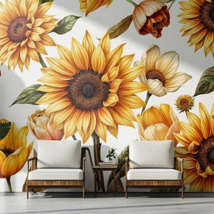 Papier peint floral tournesol, amovible, fleurs jaunes, décoration murale de ferme rustique, art mural botanique