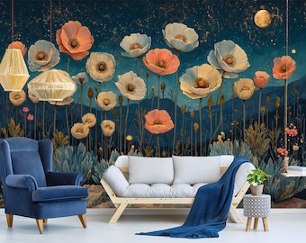 May include: A digital art print depicting a field of white, pink, and peach poppies with blue stems against a dark blue background with gold glitter. The print is framed by a blue velvet armchair and a white sofa with a blue throw blanket.
