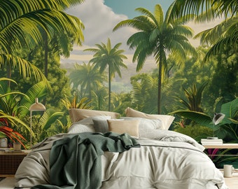 May include: A bedroom with a bed and a green blanket. The wall behind the bed is a mural of a lush tropical jungle with palm trees and other foliage.