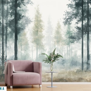 Soft Watercolor Forest Wallpaper Peel and Stick | Pine Trees Painting Wall Mural