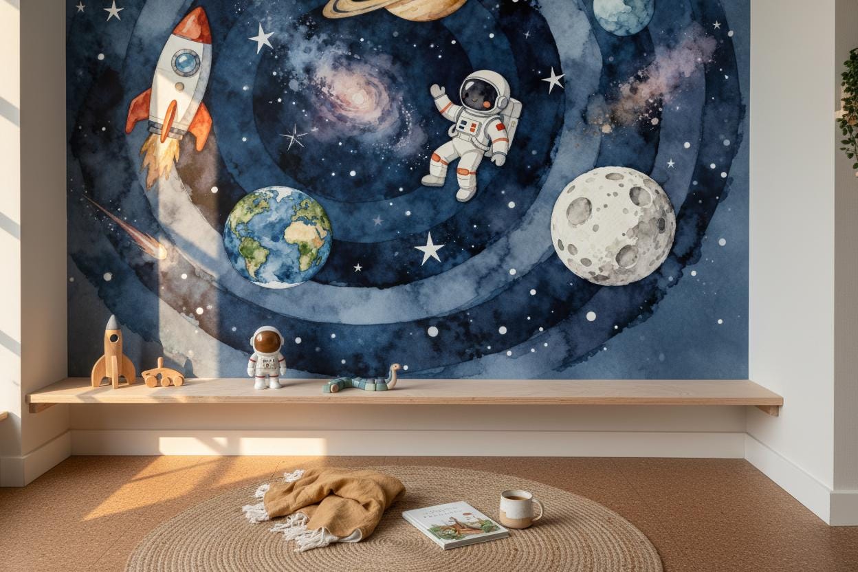 Watercolor Space Kids Wallpaper Peel and Stick Planets Wall Mural ...