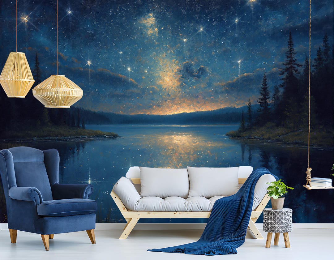 Dreamy Starry Sky Lake Wallpaper - Peel and Stick Scenic Wall Mural ...