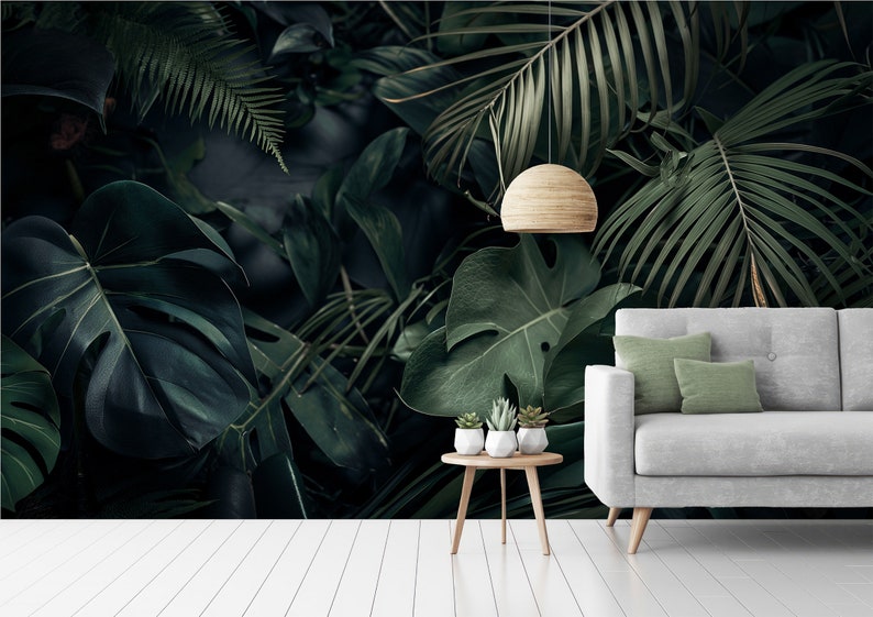 Exotic Leaves Wall Mural | Dark Tropical Wallpaper | Elegant Monstera ...