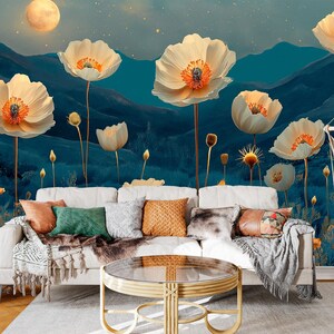 Carta da parati floreale con paesaggio notturno del deserto – murale staccabile e attaccabile con cactus e fiori di campo sotto un cielo stellato adatto agli inquilini