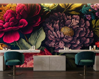 Carta da parati murale con fiori romantici, carta da parati con peonie su larga scala, accento audace per il soggiorno