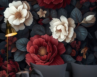 Groot decor met donker bloemenbehang voor stijlvolle huizen, verwijder en plak muurschildering rode en witte bloemen