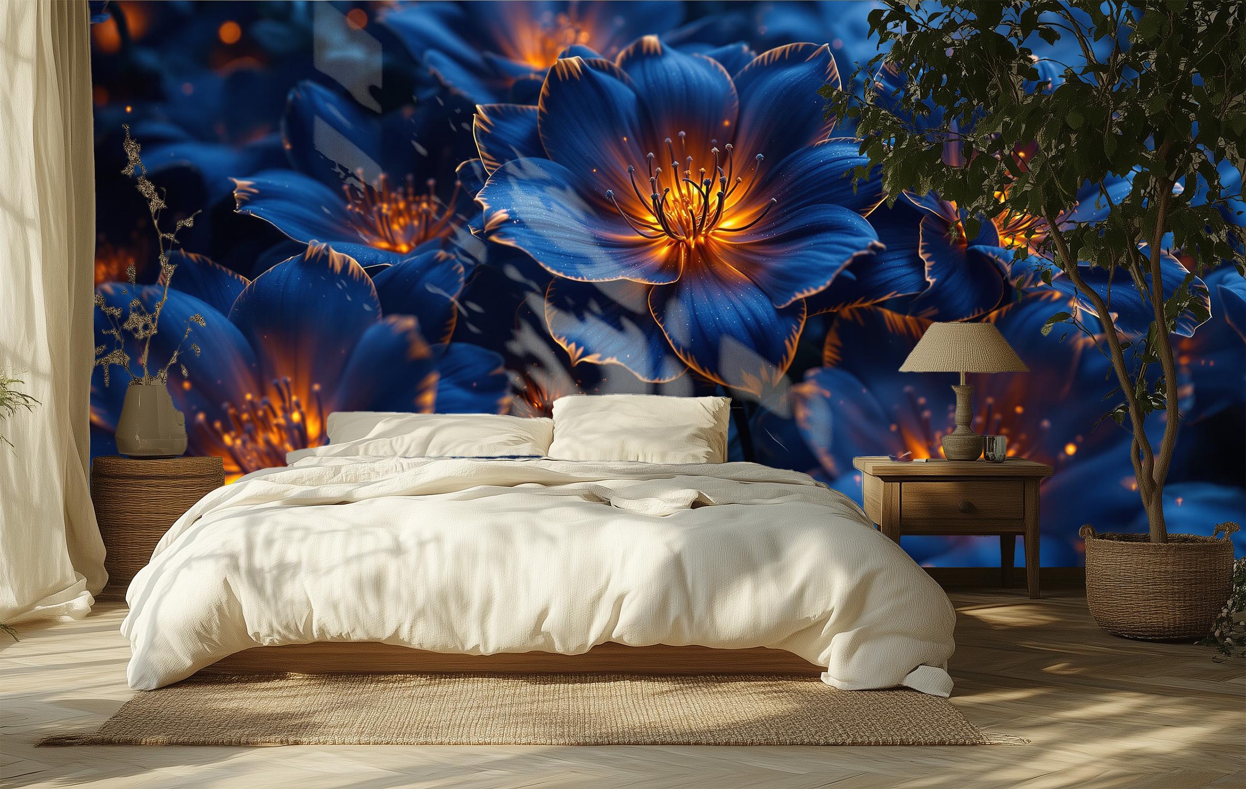 Luxury Flower Wallpaper - Deep Blue & Gold Floral Mural, Radiant ...