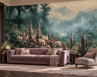 Pink Foxglove Wallpaper Mural | Teal Misty Mountain Forest Peel and Stick Wall Mural | Romantic Woodland Removable Wallpaper