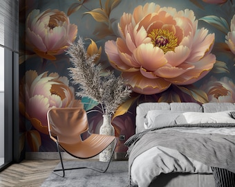 May include: A bedroom interior with a bed, a chair, and a wall mural featuring large pink peonies with gold accents. The mural is set against a dark blue background.