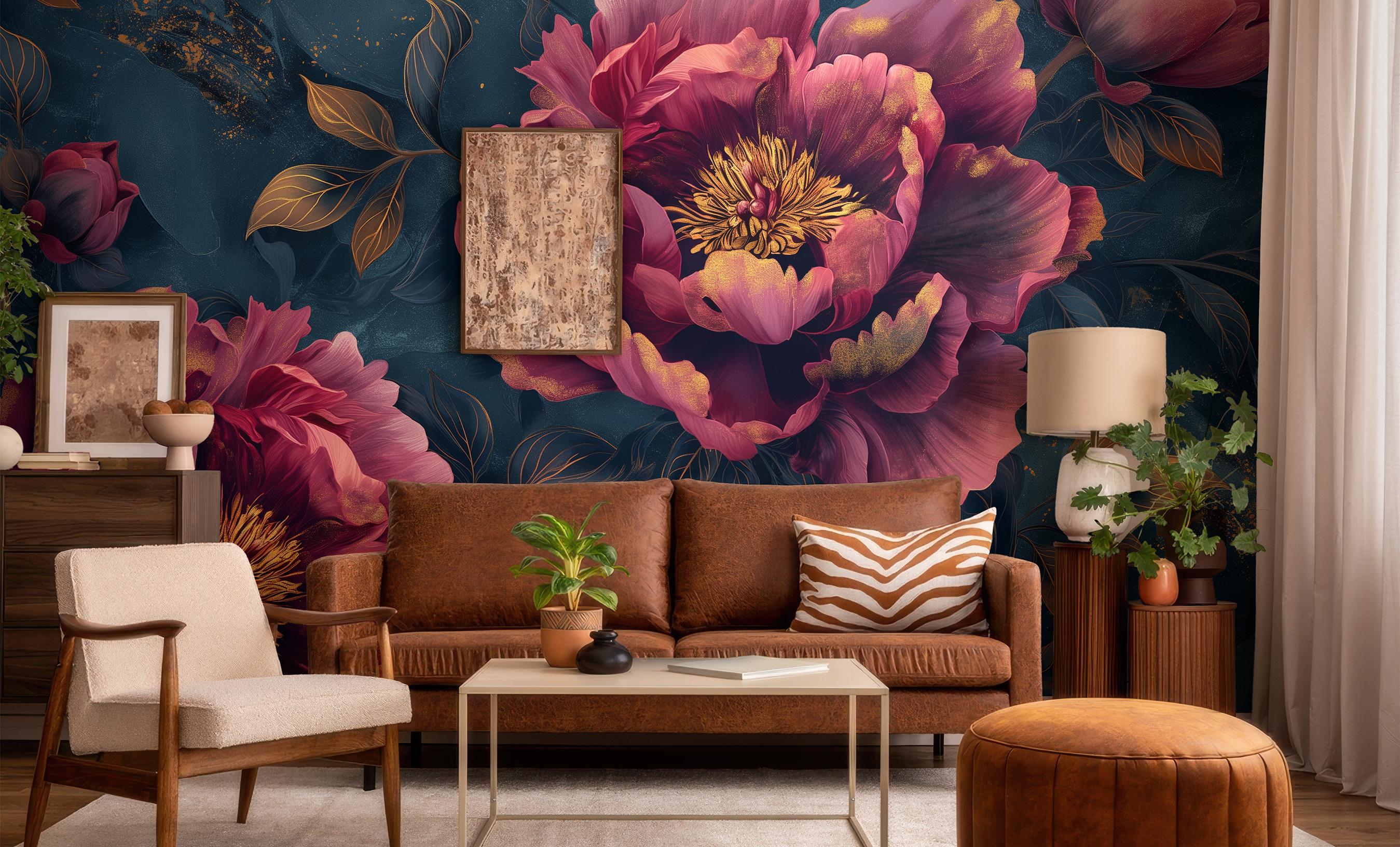 Dark Floral Peony Wallpaper Mural | Romantic Pink Blossoms on Navy ...