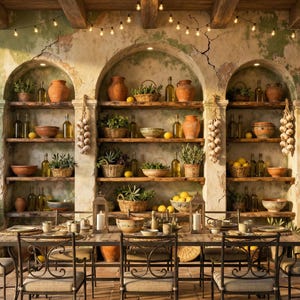 May include: A rustic outdoor dining setting. A long wooden table is set with wrought iron chairs. Shelves are filled with pottery, plants, and lemons. Olive trees in terracotta pots frame the scene. The scene is lit by string lights.