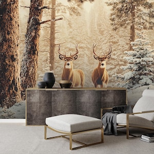 May include: A serene interior scene featuring a forest mural with two deer. A modern cabinet holds decorative vases and bowls. A white ottoman and armchair with a gold frame complete the room's decor. The scene evokes a sense of tranquility and nature.