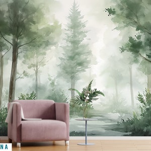 Kids Wallpaper Mountain and Trees Peel and Stick Wall Mural Self Adhesive Nursery Wall Art Child Room Mountain Decor Forest Decal
