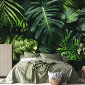 Dark Tropical Wallpaper | Jungle Leaves Elegant Monstera Leaf Peel and Stick | Realistic Exotic Leaves Wall Mural