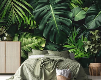 Dark Tropical Wallpaper | Jungle Leaves Elegant Monstera Leaf Peel and Stick | Realistic Exotic Leaves Wall Mural