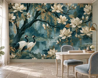 White Magnolia Wallpaper Mural | Crane Pond Teal Blue Gold Peel and Stick Wall Mural | Gilded Chinoiserie Removable Wallpaper