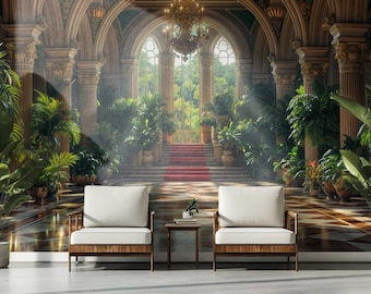 Luxury Botanical Palace Wallpaper | Peel&Stick and Traditional Wallpaper | Removable and Renter Friendly Wall Decor | Elegant Grand Hall