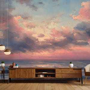 Tramonto rosa sull'orizzonte dell'oceano / Carta da parati staccabile e adesiva ispirata alla costa, adatta agli inquilini, murale ad acquerello facile da rimuovere per bambini
