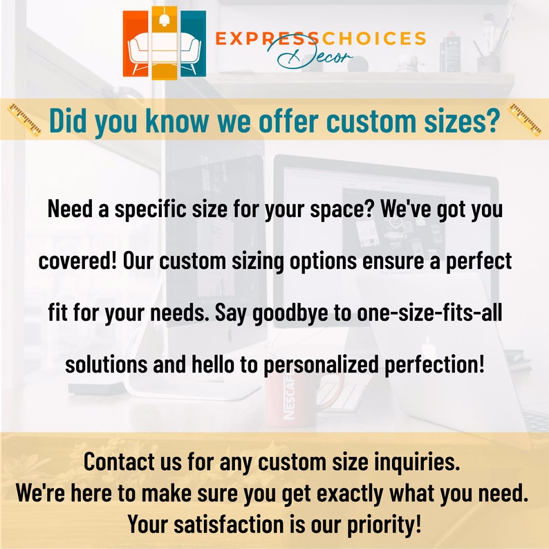Puede incluir: Un gr&aacute;fico con el texto "Did you know we offer custom sizes?" y el texto "EXPRESSCHOICES Decor" en blanco sobre un fondo rojo y naranja. El texto debajo dice "&iquest;Necesitas un tama&ntilde;o espec&iacute;fico para tu espacio? &iexcl;Tenemos lo que necesitas! Nuestras opciones de tama&ntilde;o personalizado garantizan un ajuste perfecto a tus necesidades. Dile adi&oacute;s a las soluciones de talla &uacute;nica y hola a la perfecci&oacute;n personalizada. Ponte en contacto con nosotros para cualquier consulta sobre el tama&ntilde;o personalizado. Estamos aqu&iacute; para asegurarte de que obtienes exactamente lo que necesitas. &iexcl;Tu satisfacci&oacute;n es nuestra prioridad!"