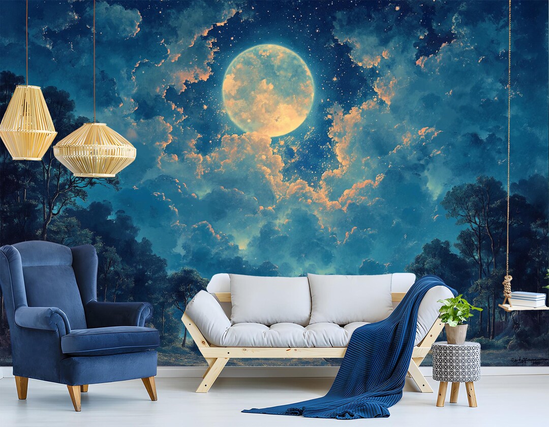 Moonlit Forest Wallpaper - Peel and Stick Wall Mural | Non-woven Night ...