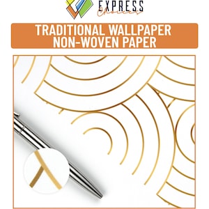 May include: Gold geometric pattern wallpaper with a white background. The wallpaper is non-woven paper. The image shows a close-up of the wallpaper with a pen on top of it.