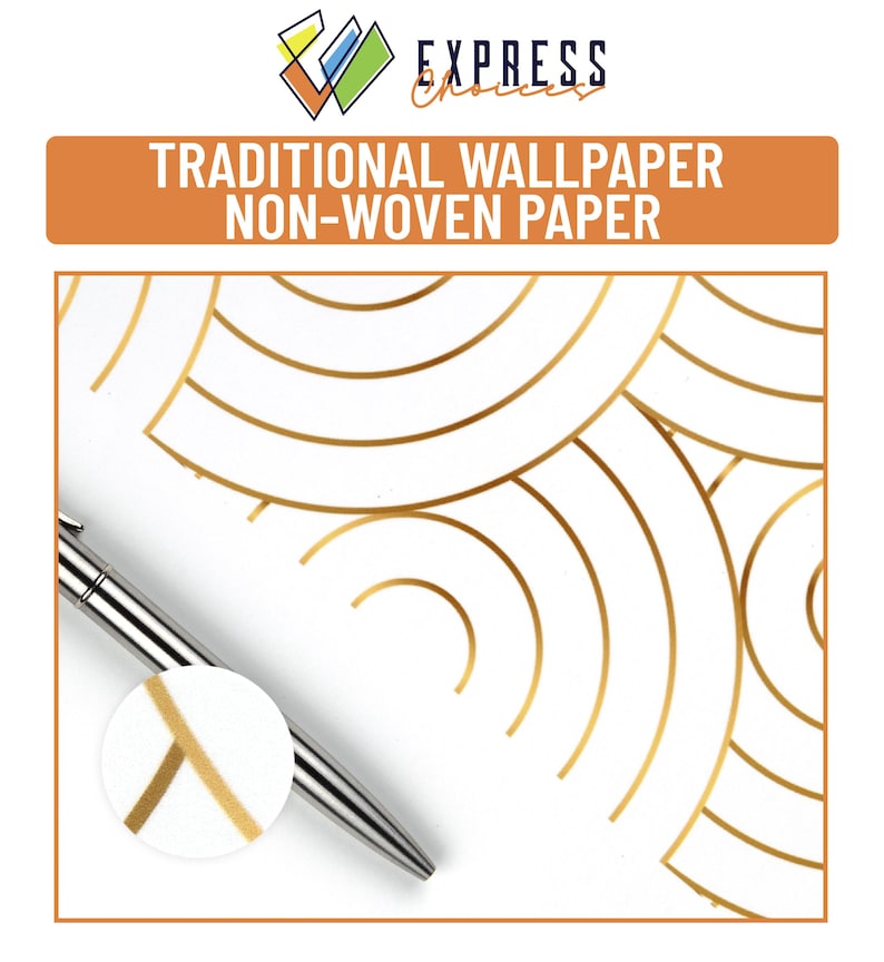 May include: Gold geometric pattern wallpaper with a white background. The wallpaper is non-woven paper. The image shows a close-up of the wallpaper with a pen on top of it.