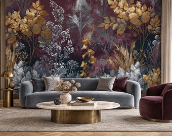 Plum Gold Botanical Wallpaper Mural | Silver Blue Leaf Wildflower Peel and Stick Wall Mural | Autumn Jewel Tone Removable Wallpaper