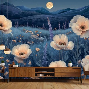 Moonlit Desert Bloom Wallpaper – Peel and Stick Carta da parati floreale in tessuto non tessuto – Cactus e fiori selvatici Paesaggio notturno per camera da letto o soggiorno
