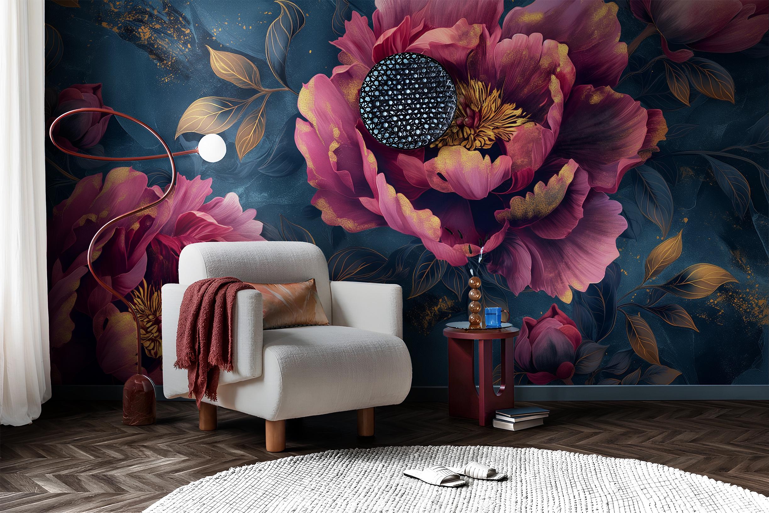 Dark Floral Peony Wallpaper Mural | Romantic Pink Blossoms on Navy ...