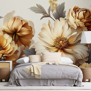 Carta da parati con peonie color oro pastello, stacca e attacca, murale floreale morbido ad acquerello, carta da parati con fiori di peonie, carta da parati con fiori dorati, camera da letto