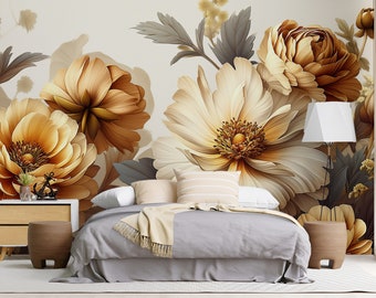 Papel tapiz de peonías en tonos pastel dorados, papel tapiz de pared con diseño de flores suaves en acuarela, papel tapiz con flores de peonías doradas, papel tapiz para dormitorio