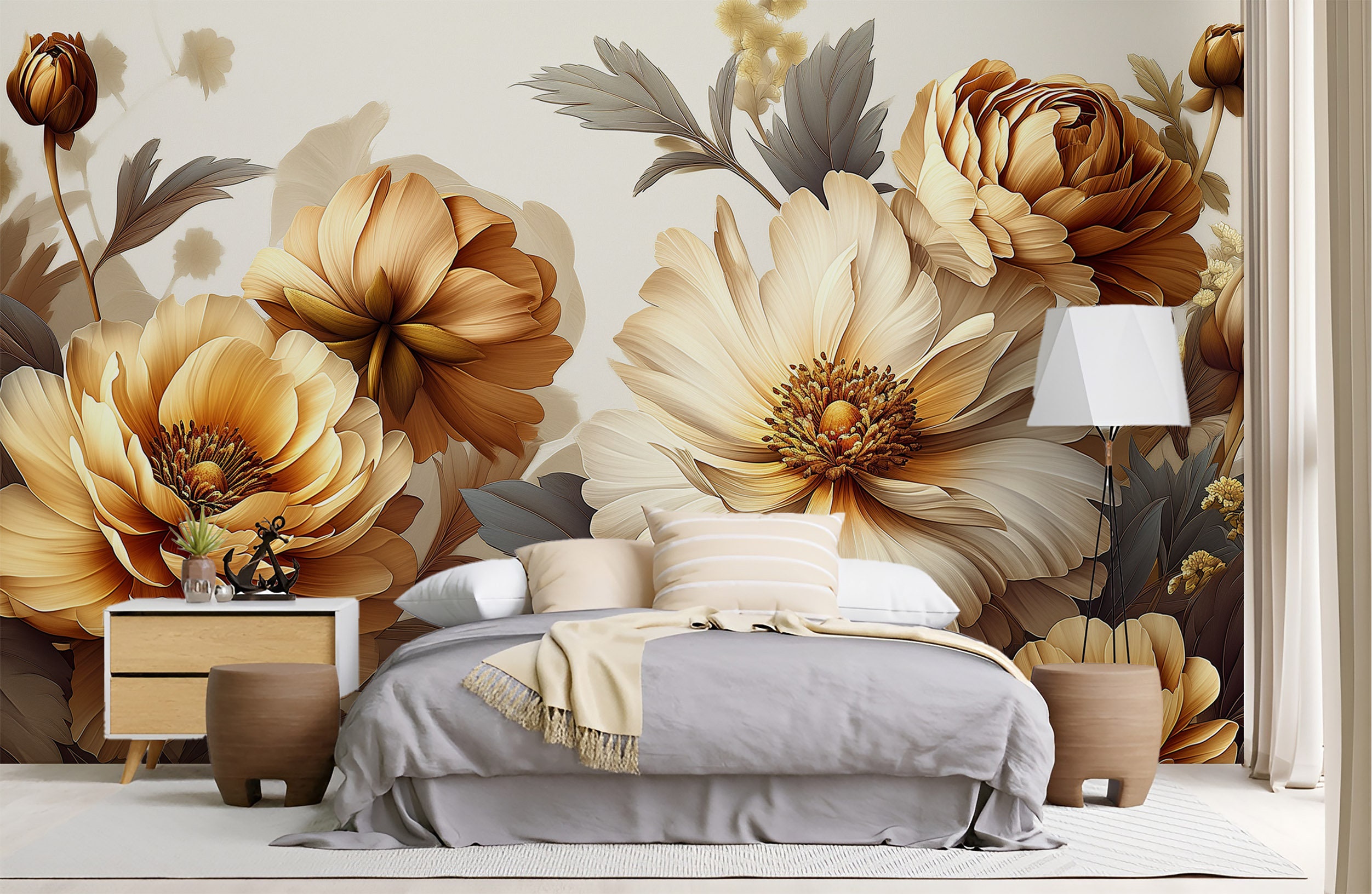 Gold Pastel Peony Wallpaper Peel and Stick, Watercolor Soft Floral Wall ...