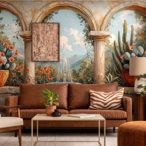 Mediterranean Landscape Wallpaper | Rustic Villa & Fountain Mural | Self-Adhesive or Traditional | Scenic Wall Decor Renters Friendly