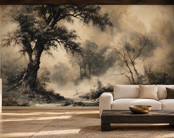 Sepia Oak Tree Wallpaper Mural | Misty Woodland Path Ink Wash Peel and Stick Wall Mural | Vintage Etching Removable Wallpaper