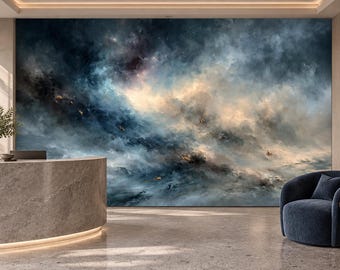 Stormy Blue Cream Abstract Seascape Wallpaper Mural | Billowing Cloud Gold Light Peel and Stick Wall Mural | Moody Sky Removable Wallpaper