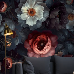 Watercolor Vintage Dark Floral, Bedroom Wall Covering with Flowers