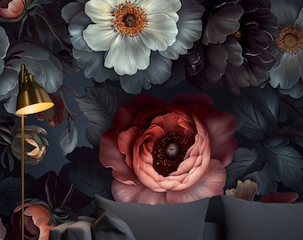 Acuarela vintage floral oscuro, revestimiento de pared para dormitorio con flores